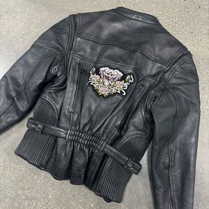 Wilsons Leather Black Leather Jacket with Floral Embroidered Back Patch